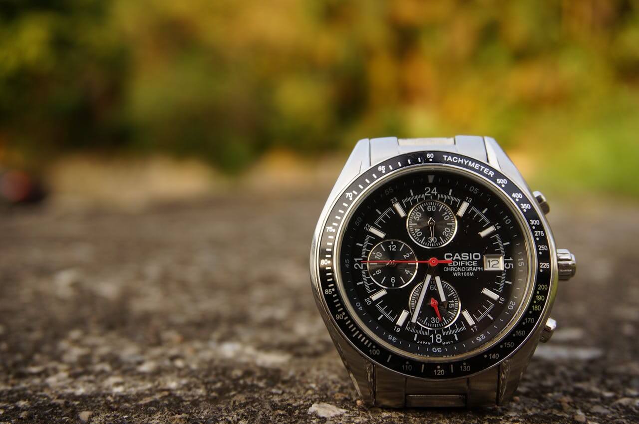 In-Depth Reviews Detailed macro shot of a Casio Edifice wristwatch with focus on chronograph dials In-Depth Reviews.